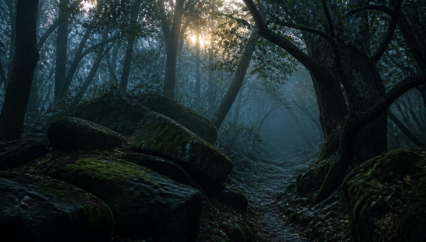 A fog-filled Appalachian forest trail winding past moss-covered stones at dusk