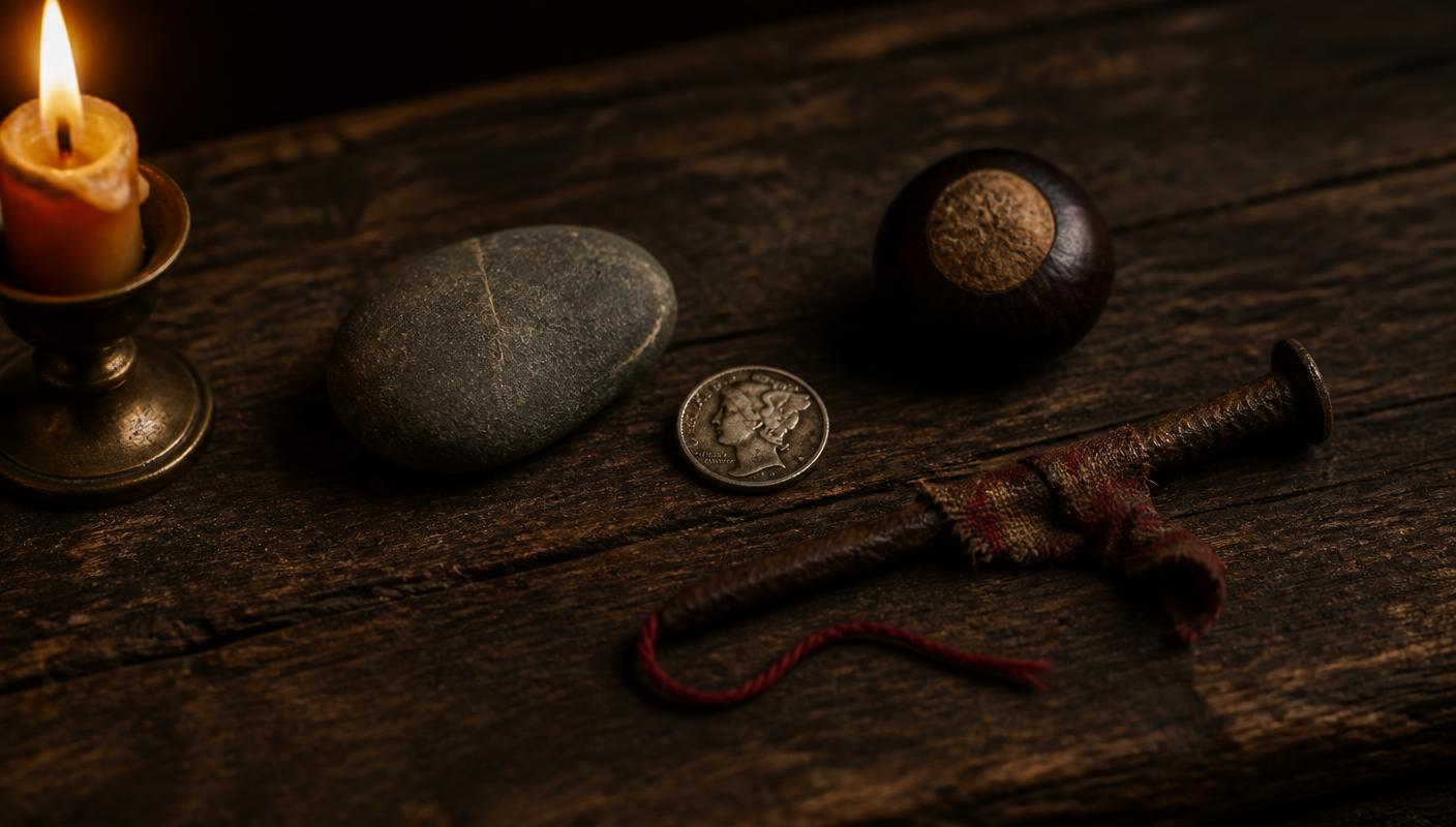 A still life of Appalachian pocket charms on weathered wood: a smooth creek stone, a worn silver dime, a buckeye nut, and a rusty nail wrapped in red flannel
