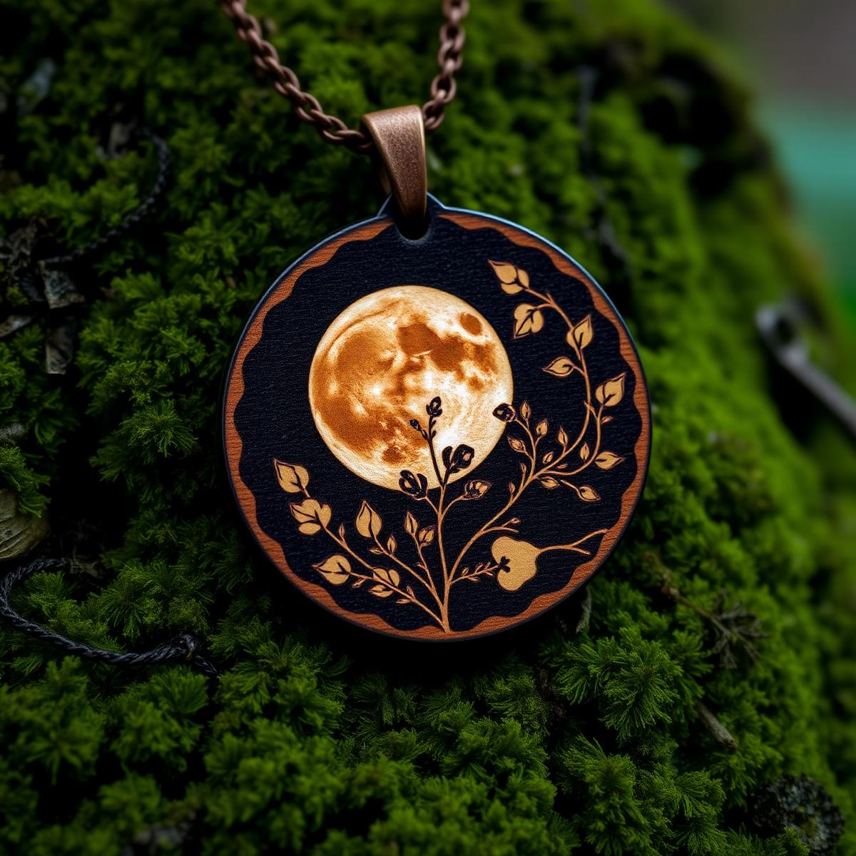 Engraved wooden moon pendant on moss