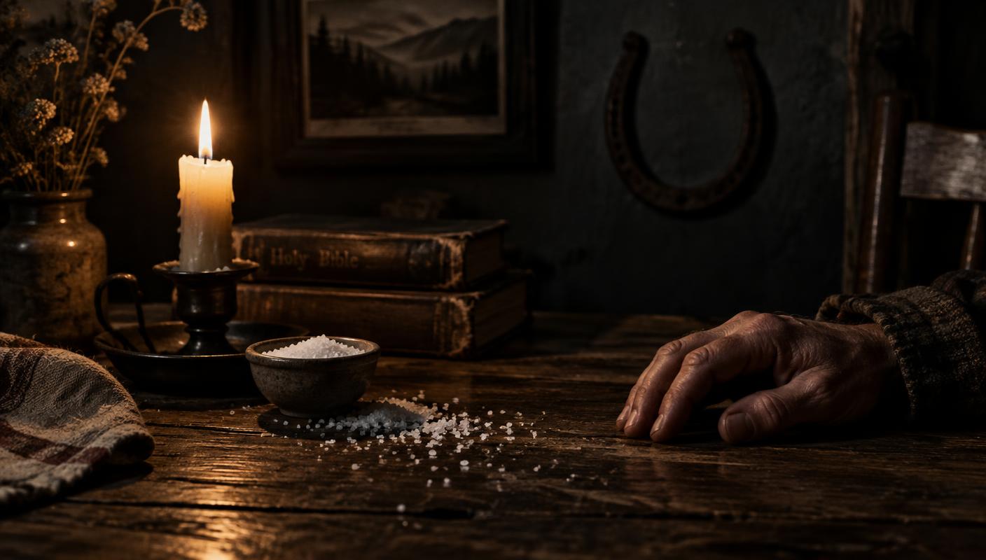 A candlelit still life on a weathered oak table: spilled salt, an old iron horseshoe on the wall behind, and a hand resting on the wood