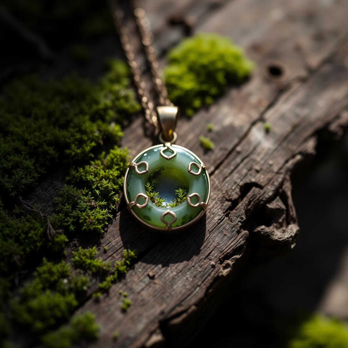 Moss agate pendant on weathered wood